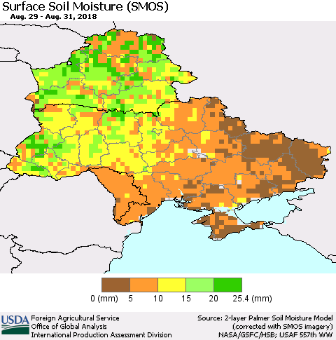Ukraine, Moldova and Belarus Surface Soil Moisture (SMOS) Thematic Map For 8/27/2018 - 9/2/2018