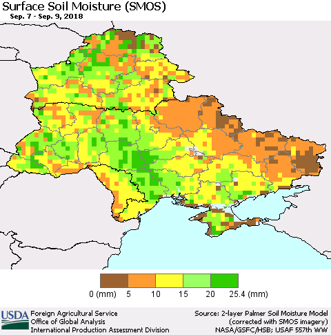 Ukraine, Moldova and Belarus Surface Soil Moisture (SMOS) Thematic Map For 9/3/2018 - 9/9/2018