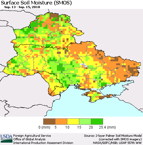 Ukraine, Moldova and Belarus Surface Soil Moisture (SMOS) Thematic Map For 9/10/2018 - 9/16/2018