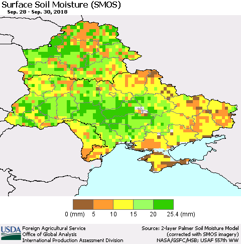 Ukraine, Moldova and Belarus Surface Soil Moisture (SMOS) Thematic Map For 9/24/2018 - 9/30/2018