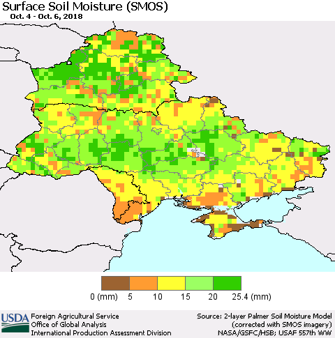 Ukraine, Moldova and Belarus Surface Soil Moisture (SMOS) Thematic Map For 10/1/2018 - 10/7/2018