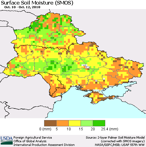 Ukraine, Moldova and Belarus Surface Soil Moisture (SMOS) Thematic Map For 10/8/2018 - 10/14/2018