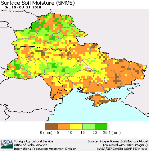 Ukraine, Moldova and Belarus Surface Soil Moisture (SMOS) Thematic Map For 10/15/2018 - 10/21/2018