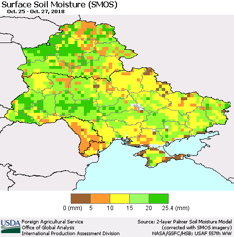 Ukraine, Moldova and Belarus Surface Soil Moisture (SMOS) Thematic Map For 10/22/2018 - 10/28/2018