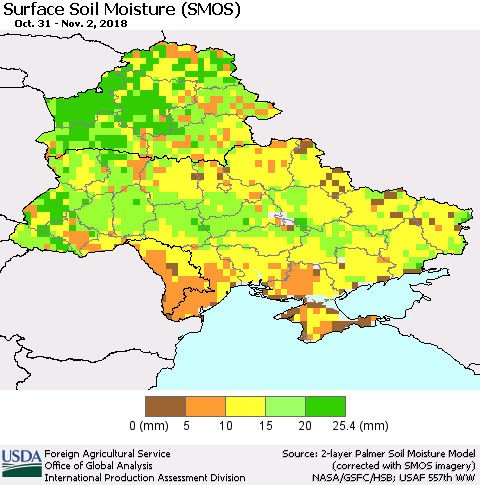 Ukraine, Moldova and Belarus Surface Soil Moisture (SMOS) Thematic Map For 10/29/2018 - 11/4/2018