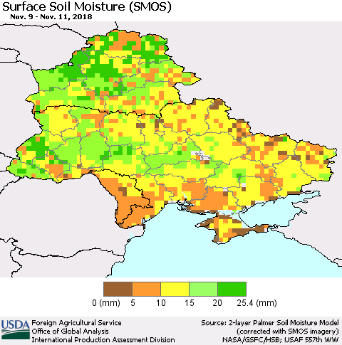 Ukraine, Moldova and Belarus Surface Soil Moisture (SMOS) Thematic Map For 11/5/2018 - 11/11/2018