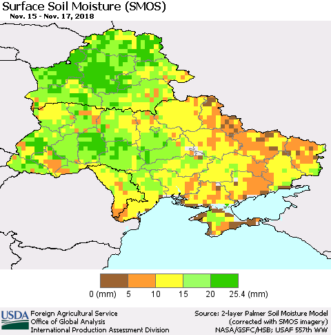 Ukraine, Moldova and Belarus Surface Soil Moisture (SMOS) Thematic Map For 11/12/2018 - 11/18/2018
