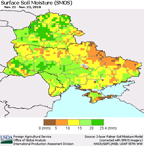 Ukraine, Moldova and Belarus Surface Soil Moisture (SMOS) Thematic Map For 11/19/2018 - 11/25/2018