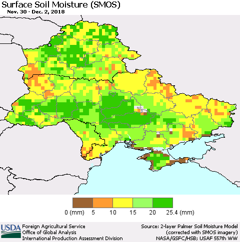 Ukraine, Moldova and Belarus Surface Soil Moisture (SMOS) Thematic Map For 11/26/2018 - 12/2/2018