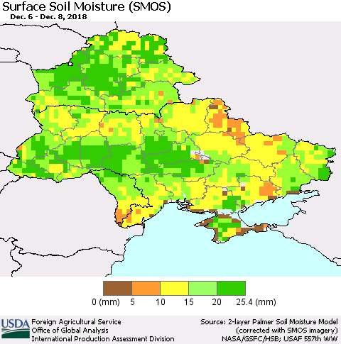 Ukraine, Moldova and Belarus Surface Soil Moisture (SMOS) Thematic Map For 12/3/2018 - 12/9/2018