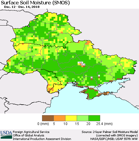 Ukraine, Moldova and Belarus Surface Soil Moisture (SMOS) Thematic Map For 12/10/2018 - 12/16/2018
