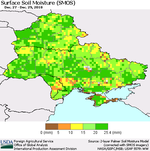 Ukraine, Moldova and Belarus Surface Soil Moisture (SMOS) Thematic Map For 12/24/2018 - 12/30/2018