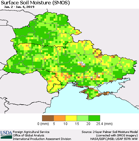 Ukraine, Moldova and Belarus Surface Soil Moisture (SMOS) Thematic Map For 12/31/2018 - 1/6/2019