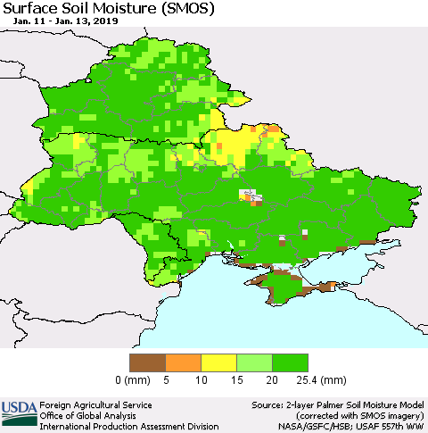 Ukraine, Moldova and Belarus Surface Soil Moisture (SMOS) Thematic Map For 1/7/2019 - 1/13/2019
