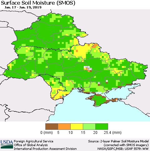 Ukraine, Moldova and Belarus Surface Soil Moisture (SMOS) Thematic Map For 1/14/2019 - 1/20/2019