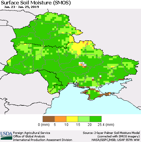 Ukraine, Moldova and Belarus Surface Soil Moisture (SMOS) Thematic Map For 1/21/2019 - 1/27/2019