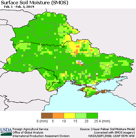 Ukraine, Moldova and Belarus Surface Soil Moisture (SMOS) Thematic Map For 1/28/2019 - 2/3/2019