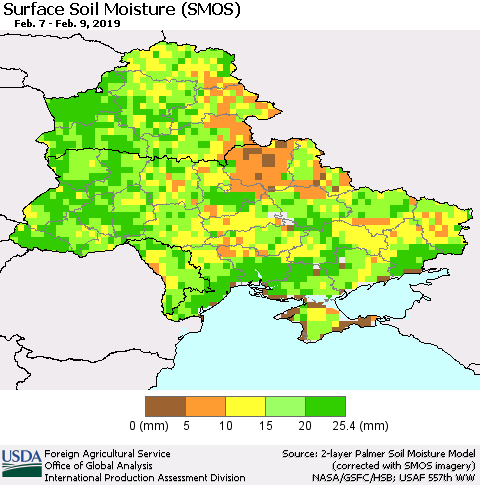 Ukraine, Moldova and Belarus Surface Soil Moisture (SMOS) Thematic Map For 2/4/2019 - 2/10/2019