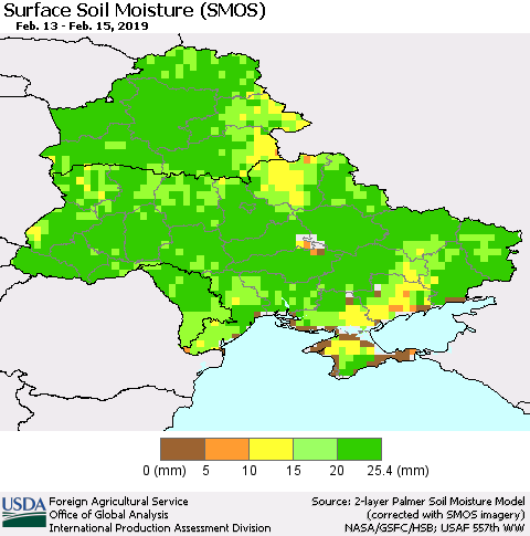 Ukraine, Moldova and Belarus Surface Soil Moisture (SMOS) Thematic Map For 2/11/2019 - 2/17/2019