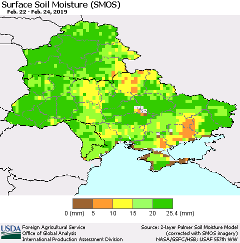 Ukraine, Moldova and Belarus Surface Soil Moisture (SMOS) Thematic Map For 2/18/2019 - 2/24/2019