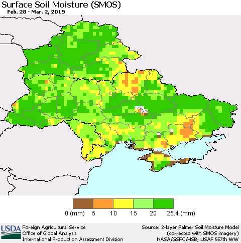 Ukraine, Moldova and Belarus Surface Soil Moisture (SMOS) Thematic Map For 2/25/2019 - 3/3/2019