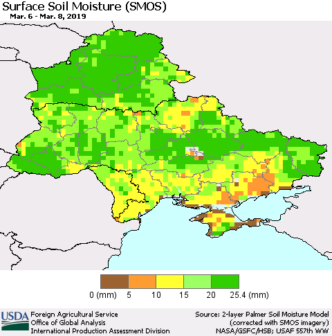 Ukraine, Moldova and Belarus Surface Soil Moisture (SMOS) Thematic Map For 3/4/2019 - 3/10/2019