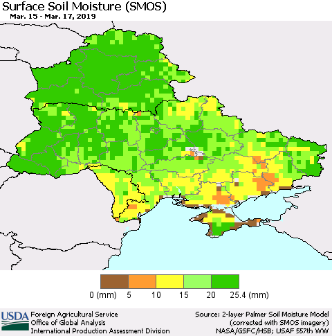 Ukraine, Moldova and Belarus Surface Soil Moisture (SMOS) Thematic Map For 3/11/2019 - 3/17/2019