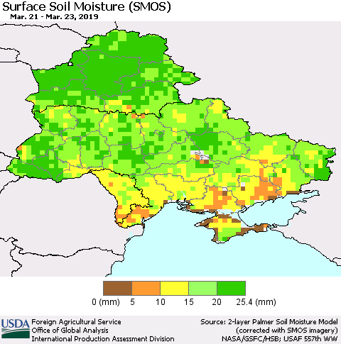 Ukraine, Moldova and Belarus Surface Soil Moisture (SMOS) Thematic Map For 3/18/2019 - 3/24/2019
