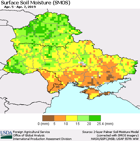 Ukraine, Moldova and Belarus Surface Soil Moisture (SMOS) Thematic Map For 4/1/2019 - 4/7/2019