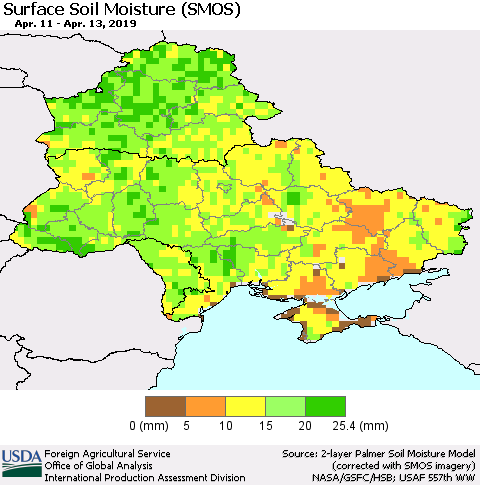 Ukraine, Moldova and Belarus Surface Soil Moisture (SMOS) Thematic Map For 4/8/2019 - 4/14/2019