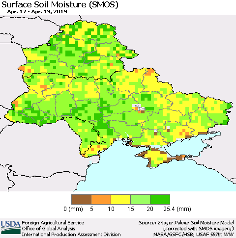 Ukraine, Moldova and Belarus Surface Soil Moisture (SMOS) Thematic Map For 4/15/2019 - 4/21/2019