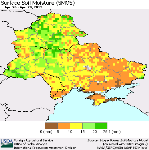 Ukraine, Moldova and Belarus Surface Soil Moisture (SMOS) Thematic Map For 4/22/2019 - 4/28/2019