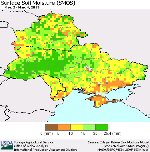 Ukraine, Moldova and Belarus Surface Soil Moisture (SMOS) Thematic Map For 4/29/2019 - 5/5/2019