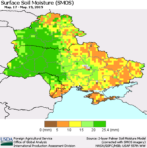 Ukraine, Moldova and Belarus Surface Soil Moisture (SMOS) Thematic Map For 5/13/2019 - 5/19/2019