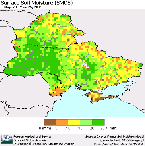Ukraine, Moldova and Belarus Surface Soil Moisture (SMOS) Thematic Map For 5/20/2019 - 5/26/2019