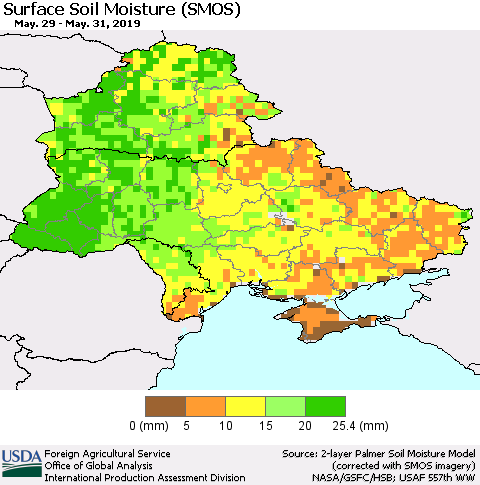 Ukraine, Moldova and Belarus Surface Soil Moisture (SMOS) Thematic Map For 5/27/2019 - 6/2/2019