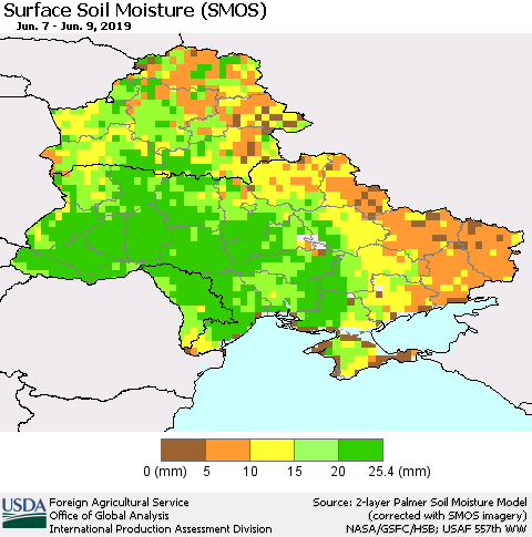 Ukraine, Moldova and Belarus Surface Soil Moisture (SMOS) Thematic Map For 6/3/2019 - 6/9/2019