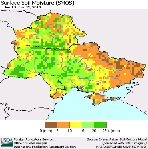 Ukraine, Moldova and Belarus Surface Soil Moisture (SMOS) Thematic Map For 6/10/2019 - 6/16/2019