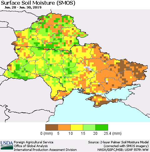 Ukraine, Moldova and Belarus Surface Soil Moisture (SMOS) Thematic Map For 6/24/2019 - 6/30/2019