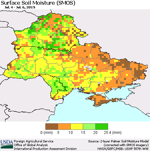 Ukraine, Moldova and Belarus Surface Soil Moisture (SMOS) Thematic Map For 7/1/2019 - 7/7/2019