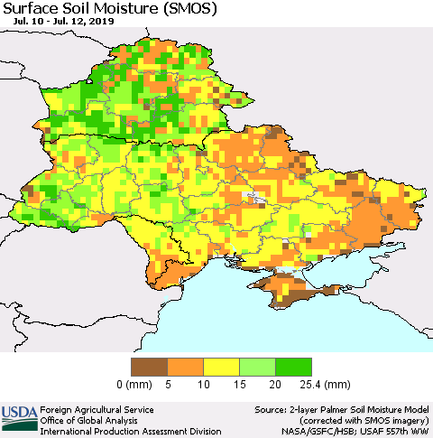 Ukraine, Moldova and Belarus Surface Soil Moisture (SMOS) Thematic Map For 7/8/2019 - 7/14/2019