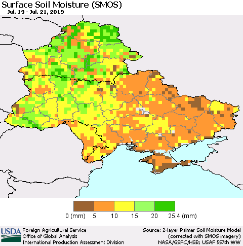 Ukraine, Moldova and Belarus Surface Soil Moisture (SMOS) Thematic Map For 7/15/2019 - 7/21/2019