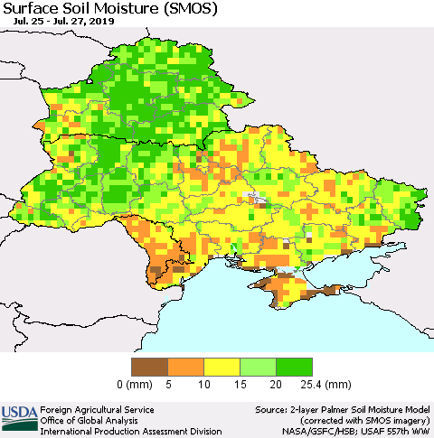 Ukraine, Moldova and Belarus Surface Soil Moisture (SMOS) Thematic Map For 7/22/2019 - 7/28/2019