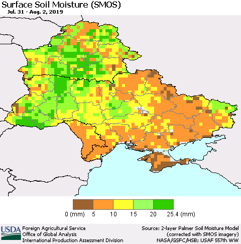 Ukraine, Moldova and Belarus Surface Soil Moisture (SMOS) Thematic Map For 7/29/2019 - 8/4/2019