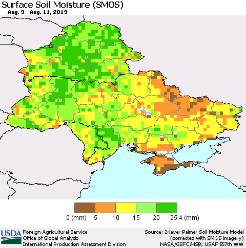 Ukraine, Moldova and Belarus Surface Soil Moisture (SMOS) Thematic Map For 8/5/2019 - 8/11/2019
