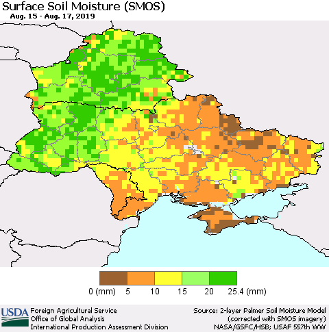Ukraine, Moldova and Belarus Surface Soil Moisture (SMOS) Thematic Map For 8/12/2019 - 8/18/2019