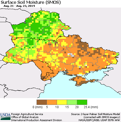 Ukraine, Moldova and Belarus Surface Soil Moisture (SMOS) Thematic Map For 8/19/2019 - 8/25/2019