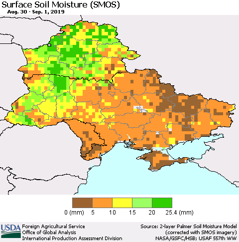 Ukraine, Moldova and Belarus Surface Soil Moisture (SMOS) Thematic Map For 8/26/2019 - 9/1/2019