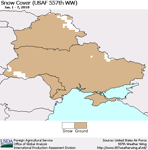 Ukraine, Moldova and Belarus Snow Cover (USAF 557th WW) Thematic Map For 1/1/2018 - 1/7/2018