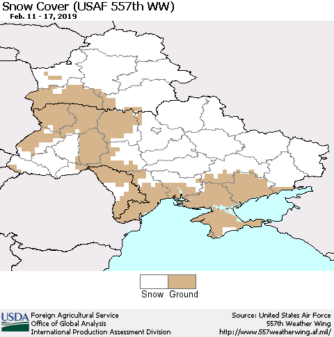 Ukraine, Moldova and Belarus Snow Cover (USAF 557th WW) Thematic Map For 2/11/2019 - 2/17/2019